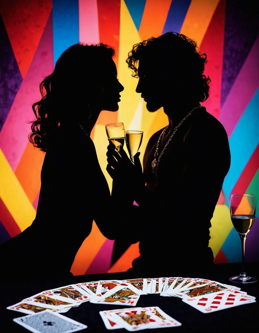 A sensual silhouette of a couple entwined, surrounded by a playful mix of vibrant colors and alluring patterns representing adult entertainment. Include subtle elements like playing cards, champagne glasses, and a velvet backdrop to evoke a sense of intimacy and excitement. Use a soft-focus effect to enhance the romantic atmosphere. surrealistic. vibrant colors. soft focus.
