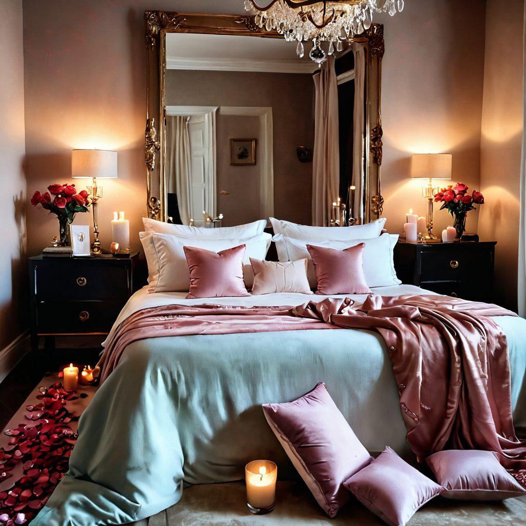 A captivating scene of an opulent bedroom bathed in soft, warm lighting, featuring plush cushions and luxurious fabrics. In the center, an open vintage book with illustrations of various sensual fantasies, surrounded by scattered rose petals and fragrant candles. A mirror reflecting an alluring silhouette holds a sense of mystery and allure. Soft pastel colors envelop the space, evoking intimacy and desire. painting. vibrant colors. soft focus.